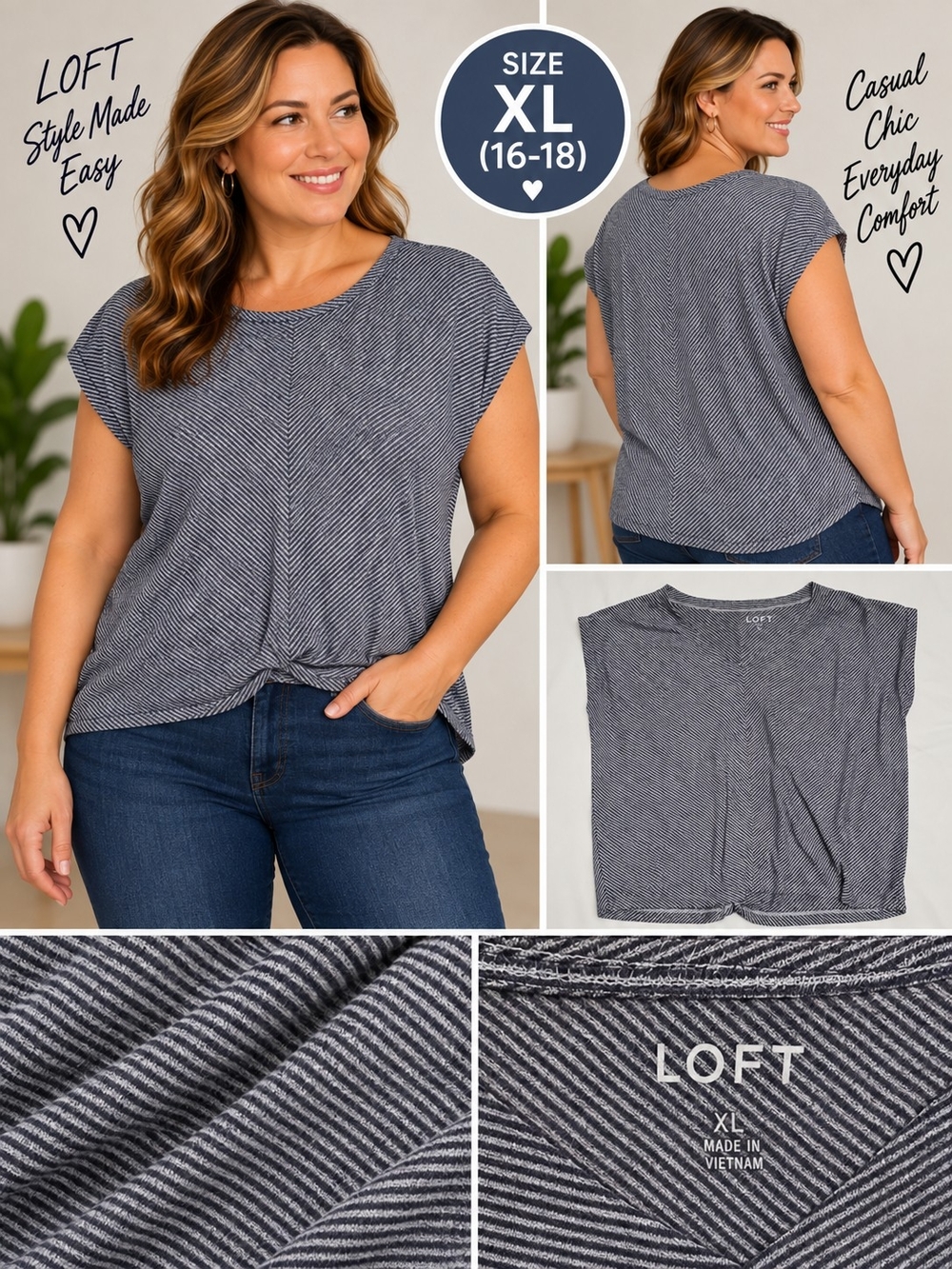 Loft Women's XL blue striped short sleeve blouse #31